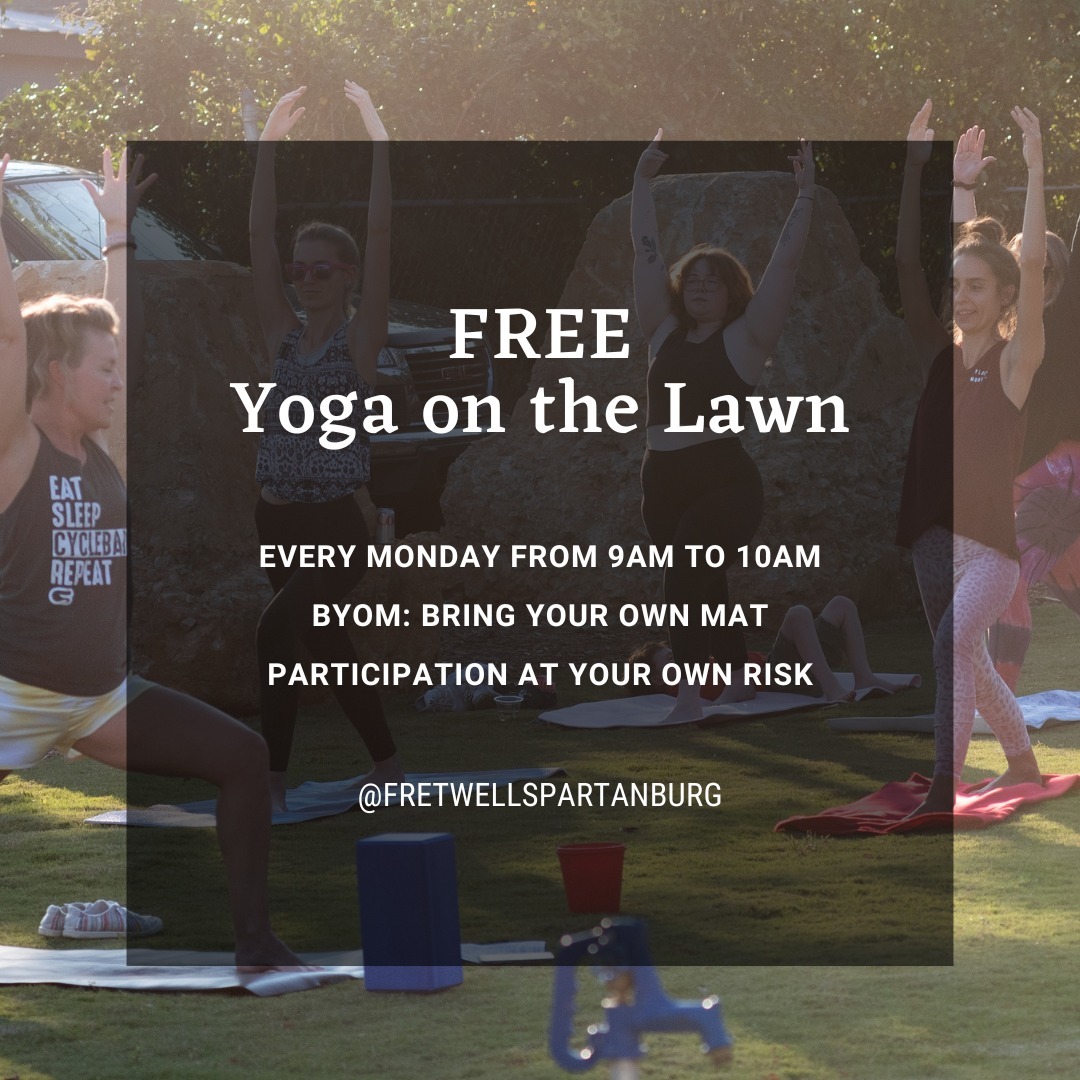 Start your week with FREE yoga on the lawn! 🧘‍♀️🧘‍♂️ Join us every Monday from 9-10 AM for a fun (and sometimes sweaty) session. All levels are welcome, just bring your mat.

*Participation is free and at your own risk. Donations for instructor Lisa are appreciated.

#FreeYoga #FretwellSpartanburg #CommunityWellness @tokengranola @lifeinlisaland