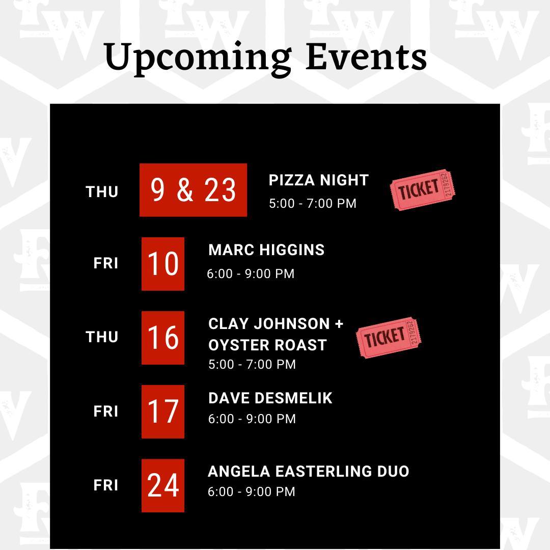 How about this for a line-up?! 

Live music, oyster roasts &amp; pizza nights. What's not to love? 

*The Pizza nights &amp; Oyster roasts are ticketed events. Please purchase your ticket via our website. Link in bio.

#fretwellspartanburg #upstatescmusic #upstatemusicscene #spartanburgmusic #spartanburgevents #offtheclockfriday