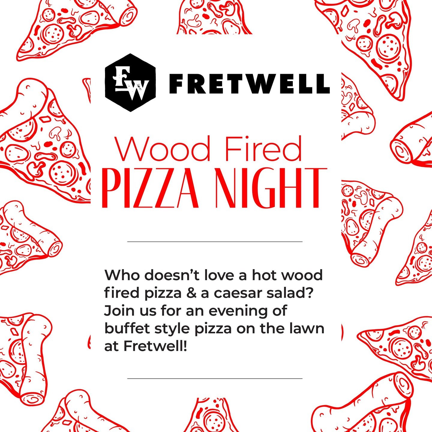 Pizza night at Fretwell! Try our delicious wood-fired pizzas and craft beer selection every other Thursday from 5 to 7pm.

This is a ticketed event. Tickets can be purchased inside the Little River Cafe anytime, including the day of the event, or via the link in our bio!

Please be aware of scammers and purchase via our official links only. Let's eat pizza!